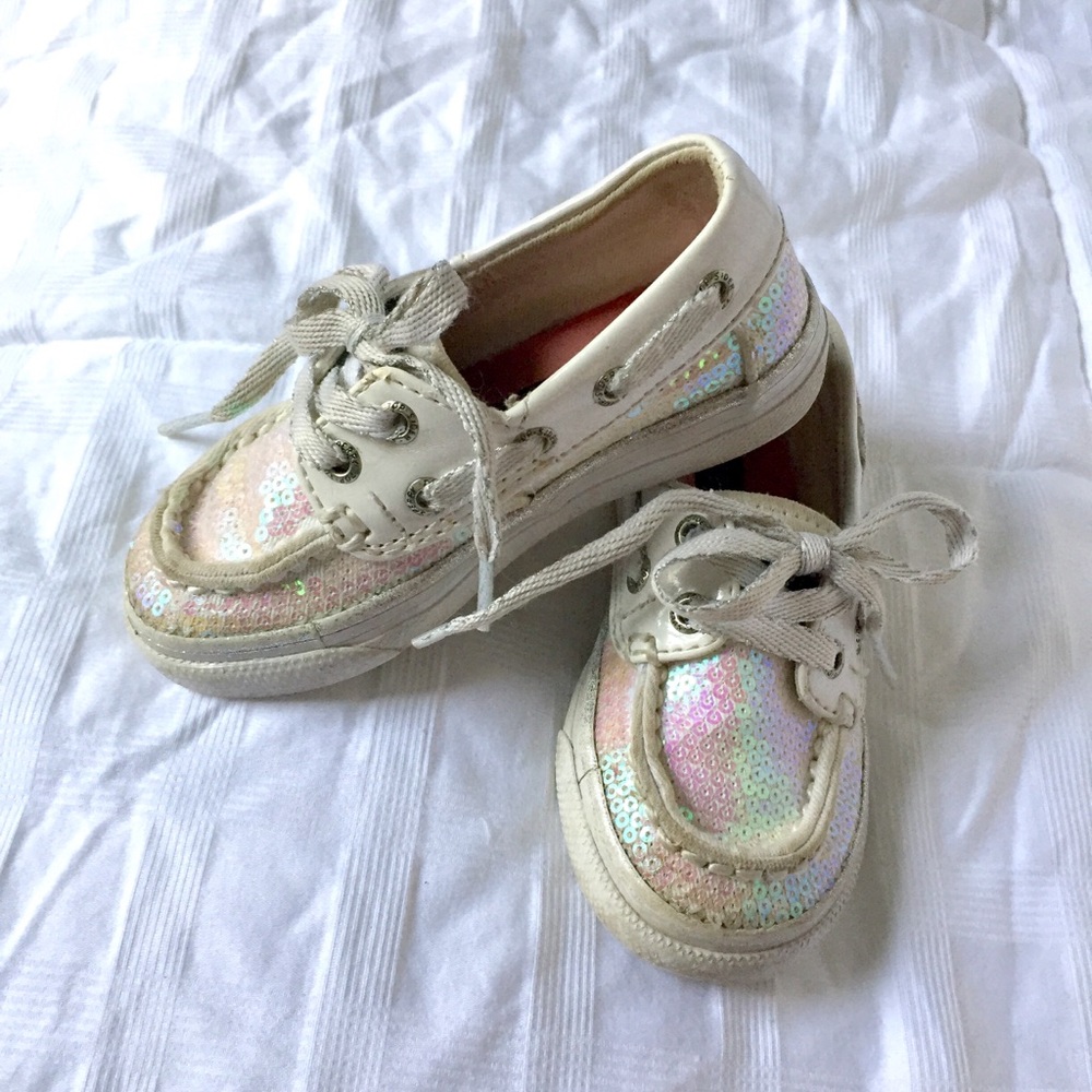 Adorable toddler white/iridescent sequins Sperrys!